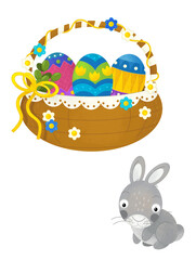 cartoon scene with colorful easter basket and rabbit on frame with white background for text - illustration for children