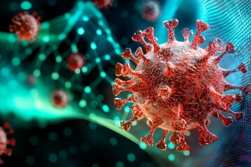 Fototapeta premium Virus outbreak impact global scientific research illustrated virus structure digital environment close-up view health crisis awareness
