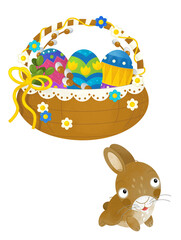 cartoon scene with colorful easter basket and rabbit on frame with white background for text - illustration for children