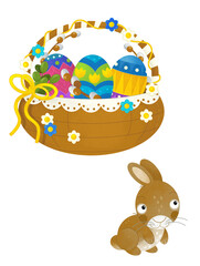 cartoon scene with colorful easter basket and rabbit on frame with white background for text - illustration for children