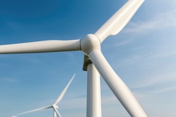 Tall wind turbines against clear blue sky, showcasing renewable