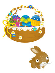 cartoon scene with colorful easter basket and rabbit on frame with white background for text - illustration for children