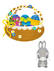 cartoon scene with colorful easter basket and rabbit on frame with white background for text - illustration for children
