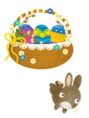 cartoon scene with colorful easter basket and rabbit on frame with white background for text - illustration for children