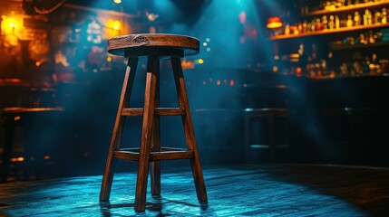 Empty wooden bar stool in dimly lit smoky pub