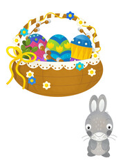 cartoon scene with colorful easter basket and rabbit on frame with white background for text - illustration for children