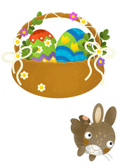 cartoon scene with colorful easter basket and rabbit on frame with white background for text - illustration for children