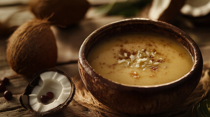 Traditional Brazilian mocilão with guarana and coconut milk in a rustic setting with natural elements, warm autumnal feel, cozy highlights, and earthy tones for a welcoming and appetizing presentation