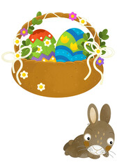 cartoon scene with colorful easter basket and rabbit on frame with white background for text - illustration for children