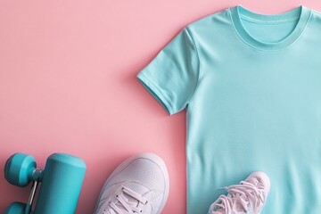 Workout essentials like dumbbells, fitness tape, a towel, sneakers designed for women, and a t-shirt are positioned on a pink table, seen from directly above