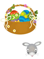 cartoon scene with colorful easter basket and rabbit on frame with white background for text - illustration for children