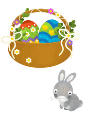 cartoon scene with colorful easter basket and rabbit on frame with white background for text - illustration for children