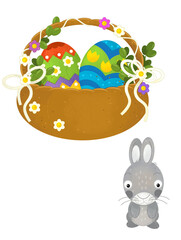 cartoon scene with colorful easter basket and rabbit on frame with white background for text - illustration for children