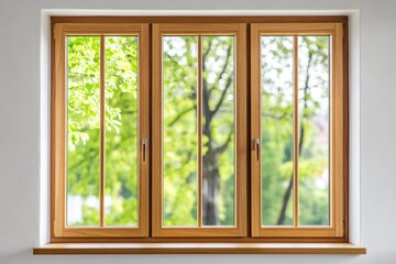 New wooden PVC window with brown metal frame installed at modern house, view of blurred green trees, blue sky. Advertising. Typical installation of insulated glazing windows with uPVC window frames.