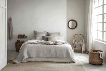 Serene bedroom with linen bedding, natural textures, and sunlight.
