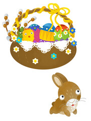 cartoon scene with colorful easter basket and rabbit on frame with white background for text - illustration for children