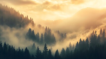 Obraz premium Forest covered hills bathed in golden sunlight and mist