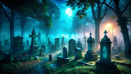 Obraz premium Eerie Foggy Graveyard: Mysterious Tombstones and Long Shadows at Night
