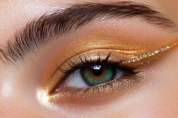 Obraz premium Golden eye makeup enhances natural beauty with shimmering accent