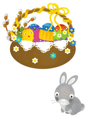 cartoon scene with colorful easter basket and rabbit on frame with white background for text - illustration for children