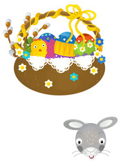 cartoon scene with colorful easter basket and rabbit on frame with white background for text - illustration for children