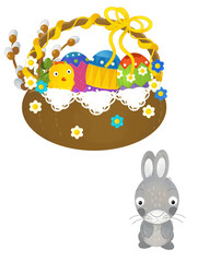cartoon scene with colorful easter basket and rabbit on frame with white background for text - illustration for children