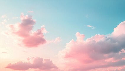 Pastel pink and blue sunset sky with fluffy clouds.