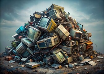Electronic Waste Pile: Low Light Recycling Photography