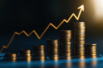Money coin stack growing graph investment. Finance save. Success, growth wealth stock market. Business in the digital age. Trading chart in financial concepts. Prosperity. Cryptocurrency. Technology