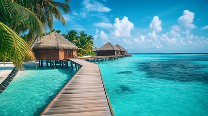 An island with wooden walkways leading to overwater bungalows, surrounded by palm trees.