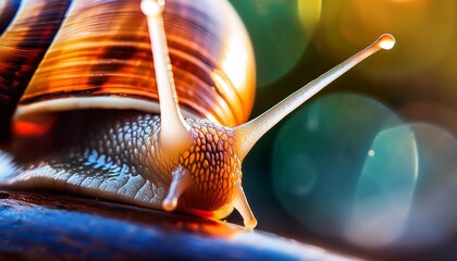 Macro shot of a snail’s delicate eye stalks, reflecting ambient light in a dreamy way, capturing the fine details and soft glow of the natural world
