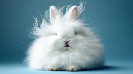 Obraz premium Fluffy Bunny. A Cute White Angora Rabbit On A Blue Background.