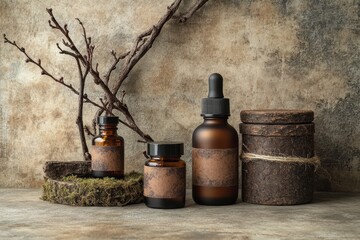 A natural organic beauty products packaging design incorporates amber glass cosmetic bottles, birch bark, a wood branch, and green moss for a cohesive look