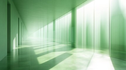 Fototapeta premium Serene green light bathes minimalist hallway sunlight streams through tall glass walls creating peaceful ambiance. AI Generated