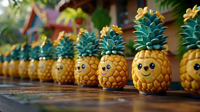 Row of smiling pineapple decorations on a wooden surface in a tropical garden setting
