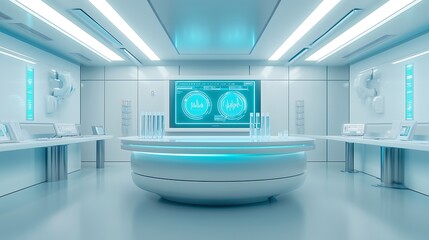 A futuristic medical room with white and blue color scheme, test tubes on the wall displaying data.