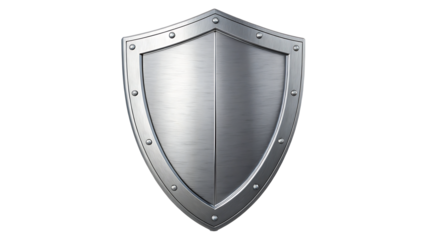 Polished Silver Metal Shield Isolated on transparent Background, Representing Security, Defense, and Protection for Cybersecurity, Logos, and Digital Safeguard Concepts