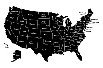 Black and White Map with Name United State of American Silhouette