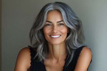 Fototapeta premium Close-up portrait of a smiling 45-year-old Hispanic woman with gray hair on a neutral background, concept of natural female beauty and skin care.