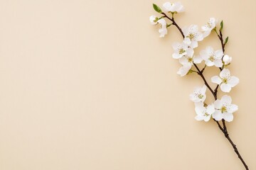 Apple flowers on beige paper background. Pastel colors. Flat lay, top view. Spring flowers...