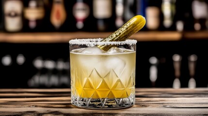 Craft cocktail with pickle garnish and salt rim in crystal glass