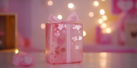 Pink gift box with glitter design and bow on blurred light background