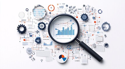 Naklejka premium information source analysis, abstract data streams, digital magnifying glass, analytical tools, intricate patterns, muted color palette, textured visuals, technical layout, research-oriented