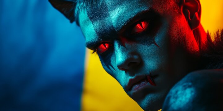 Man wearing halloween devil makeup posing with red eyes and scars