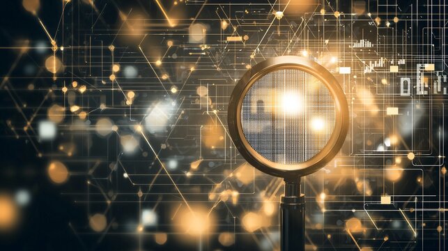 information source analysis, abstract data streams, digital magnifying glass, analytical tools, intricate patterns, muted color palette, textured visuals, technical layout, research-oriented