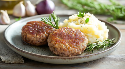 Fried brown minced meat patties with mashed potatoes on a plate