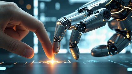 A detailed image of a human finger touching the metallic fingertip of an android robot. Symbolizing the connection between humanity and artificial intelligence.