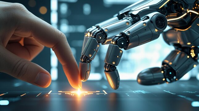 A detailed image of a human finger touching the metallic fingertip of an android robot. Symbolizing the connection between humanity and artificial intelligence.