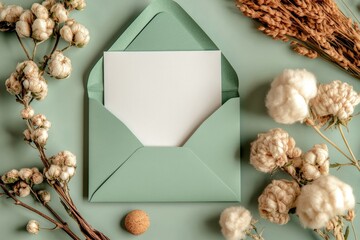 A wedding stationery set is positioned on a green background and captured from directly above