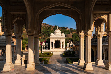 India. Rajasthan. Jaipur. General view of Gatore Ki Chhatriyan. Magnificent marble memorial dedicated to Maharaja Sawai Mansingh II and his family